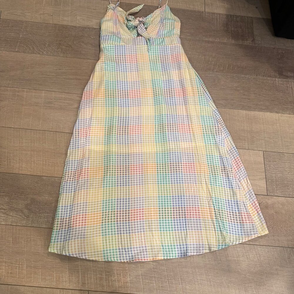 Emily Wonder Multicolor Gingham Sleeveless Midi Dress Adjustable Tie Front small